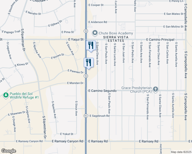 map of restaurants, bars, coffee shops, grocery stores, and more near 5110 South Santa Elena Avenue in Sierra Vista
