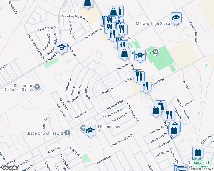 map of restaurants, bars, coffee shops, grocery stores, and more near 9109 Royal Lane in Waco