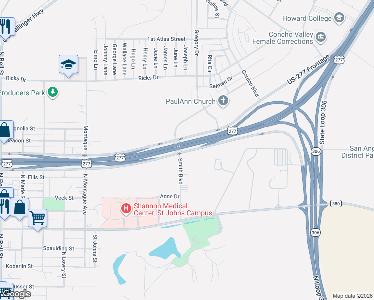 map of restaurants, bars, coffee shops, grocery stores, and more near 3230 Houston Harte Frontage Road in San Angelo