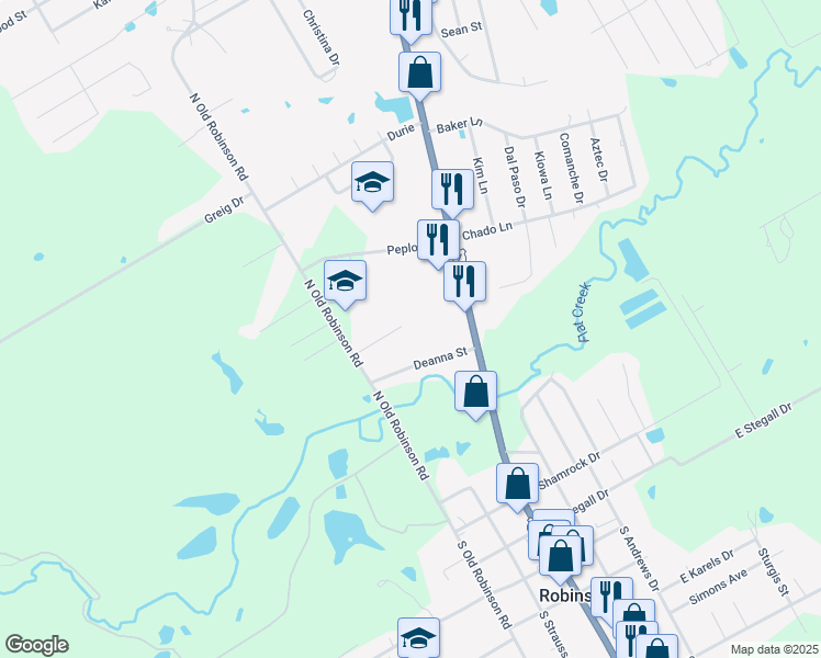 map of restaurants, bars, coffee shops, grocery stores, and more near 111 Deanna Street in Robinson