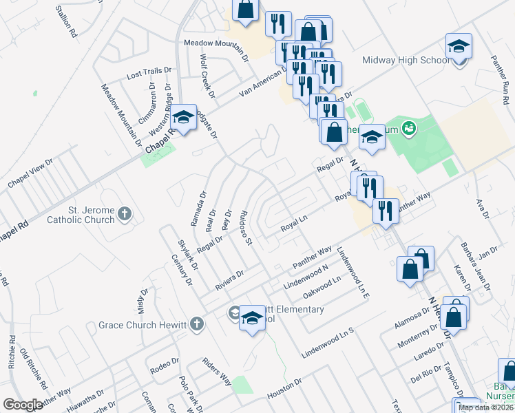 map of restaurants, bars, coffee shops, grocery stores, and more near 9305 Regal Drive in Woodway