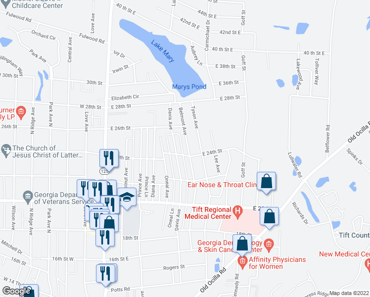 map of restaurants, bars, coffee shops, grocery stores, and more near 2406 Belmont Avenue in Tifton