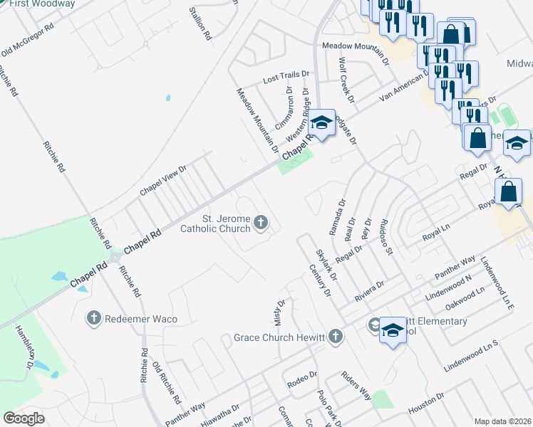 map of restaurants, bars, coffee shops, grocery stores, and more near 1625 Breezy Drive in Waco