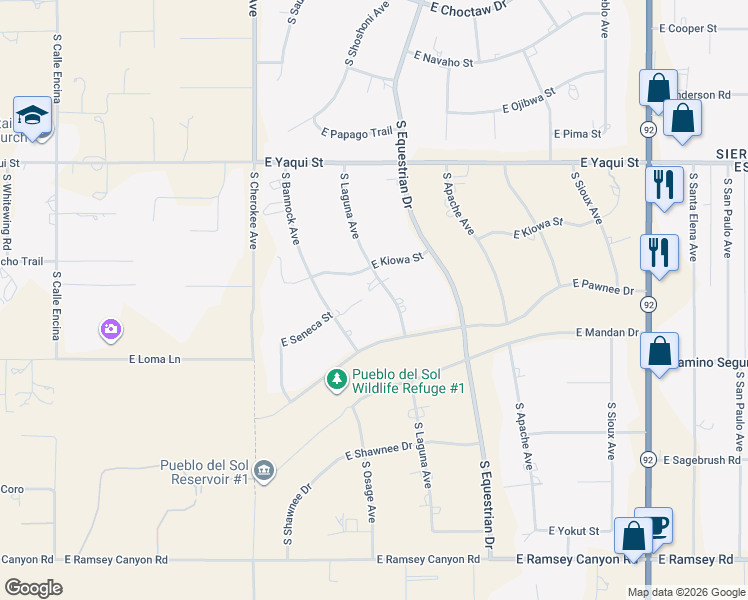 map of restaurants, bars, coffee shops, grocery stores, and more near 5040 South Laguna Avenue in Sierra Vista