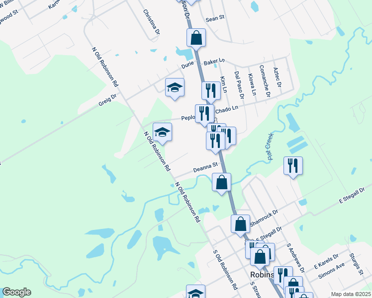 map of restaurants, bars, coffee shops, grocery stores, and more near 118 Bentwood Drive in Robinson