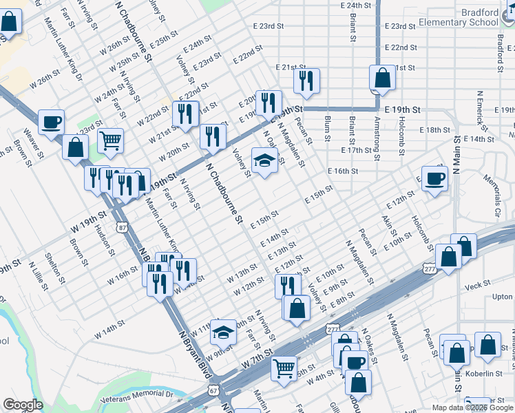 map of restaurants, bars, coffee shops, grocery stores, and more near 1601-1699 Volney St in San Angelo