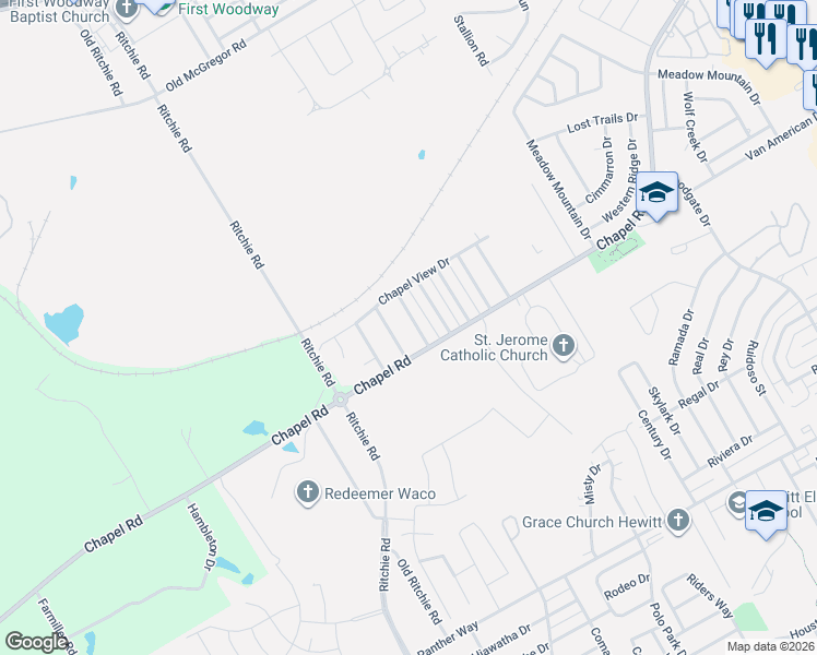 map of restaurants, bars, coffee shops, grocery stores, and more near 1401-1403 Chapel Ridge Road in Waco