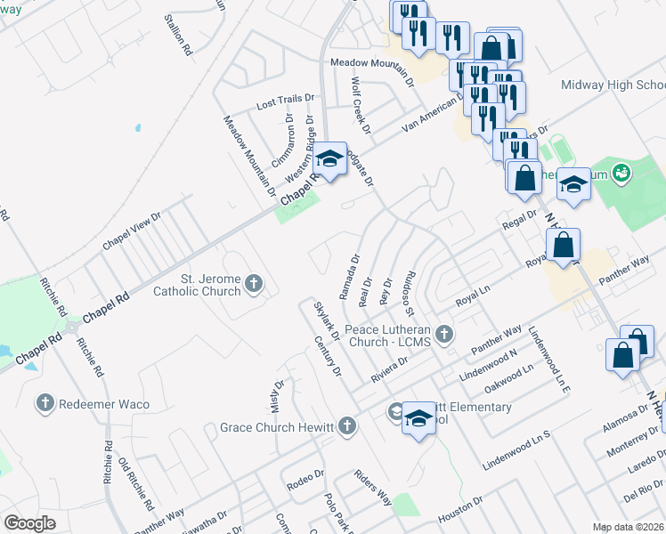 map of restaurants, bars, coffee shops, grocery stores, and more near 1716 Riata Drive in Waco