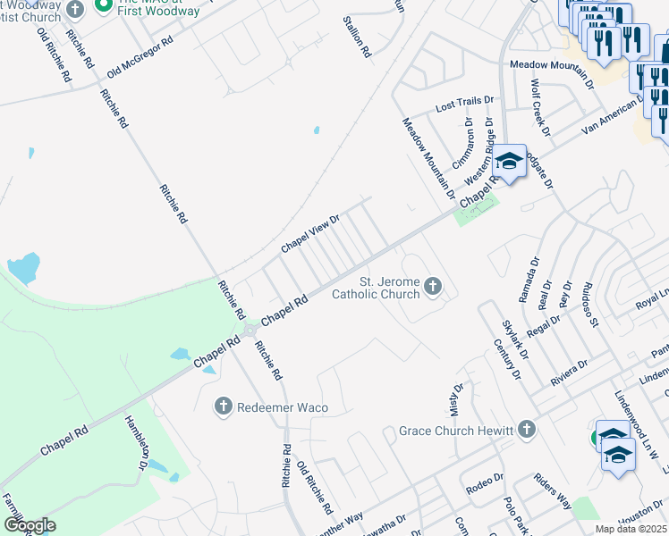 map of restaurants, bars, coffee shops, grocery stores, and more near 1401 Chapel Ridge Road in Waco