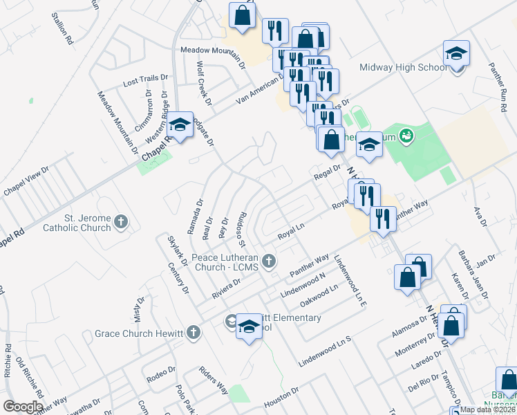 map of restaurants, bars, coffee shops, grocery stores, and more near 1919 Ruidoso Street in Waco