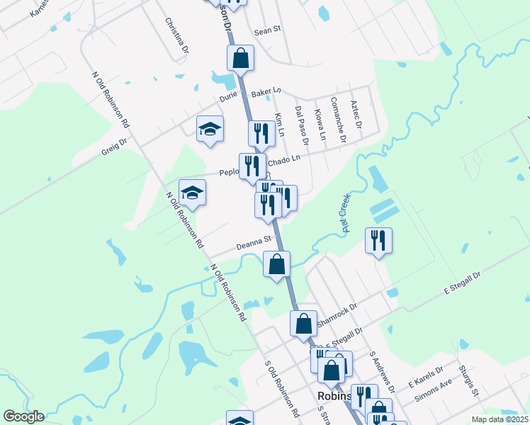 map of restaurants, bars, coffee shops, grocery stores, and more near 406 Robinson Drive in Robinson