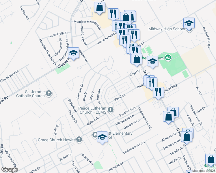 map of restaurants, bars, coffee shops, grocery stores, and more near 9211 Regal Drive in Waco
