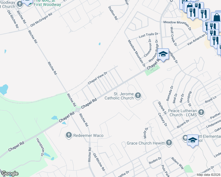 map of restaurants, bars, coffee shops, grocery stores, and more near 1415 Chapel Downs in Waco