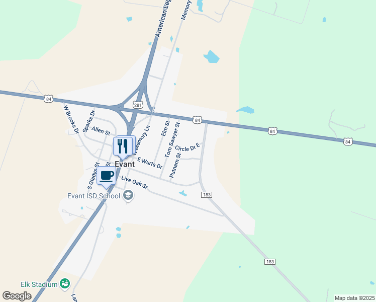 map of restaurants, bars, coffee shops, grocery stores, and more near 509 Circle Drive East in Evant