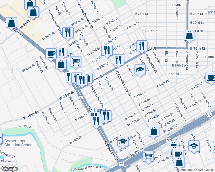 map of restaurants, bars, coffee shops, grocery stores, and more near 105 West 18th Street in San Angelo
