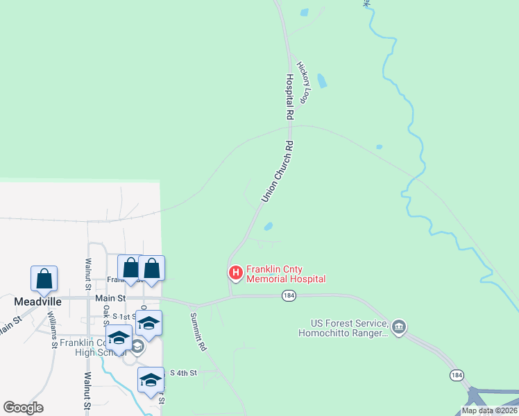 map of restaurants, bars, coffee shops, grocery stores, and more near Hospital Road in Meadville