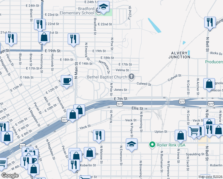 map of restaurants, bars, coffee shops, grocery stores, and more near 600 Jones Street in San Angelo
