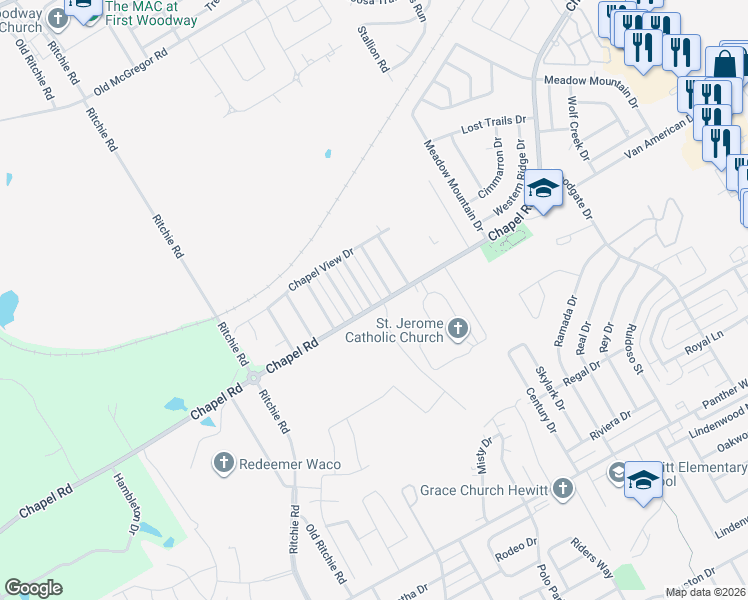 map of restaurants, bars, coffee shops, grocery stores, and more near 1415 Chapel Downs in Waco