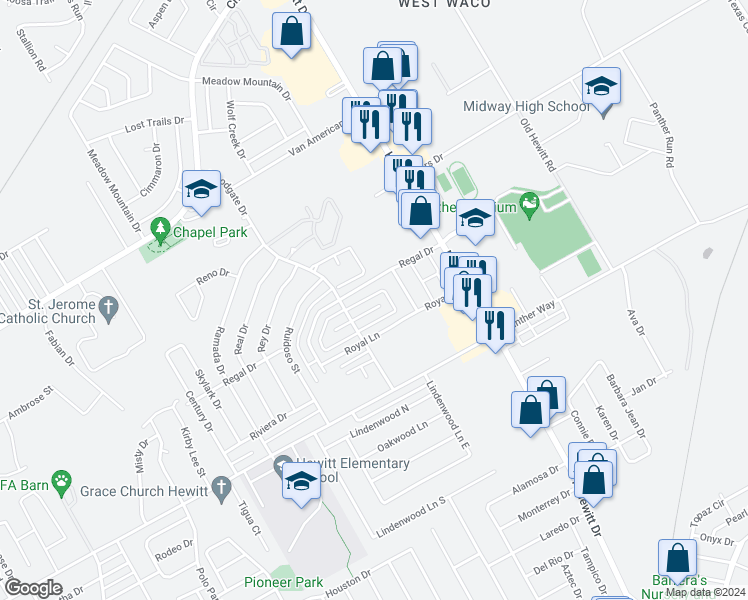 map of restaurants, bars, coffee shops, grocery stores, and more near 9005 Woodgate Circle East in Woodway