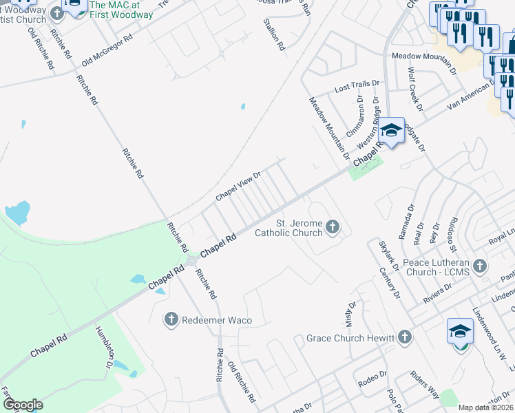 map of restaurants, bars, coffee shops, grocery stores, and more near 1401 Chapel Ridge Road in Waco