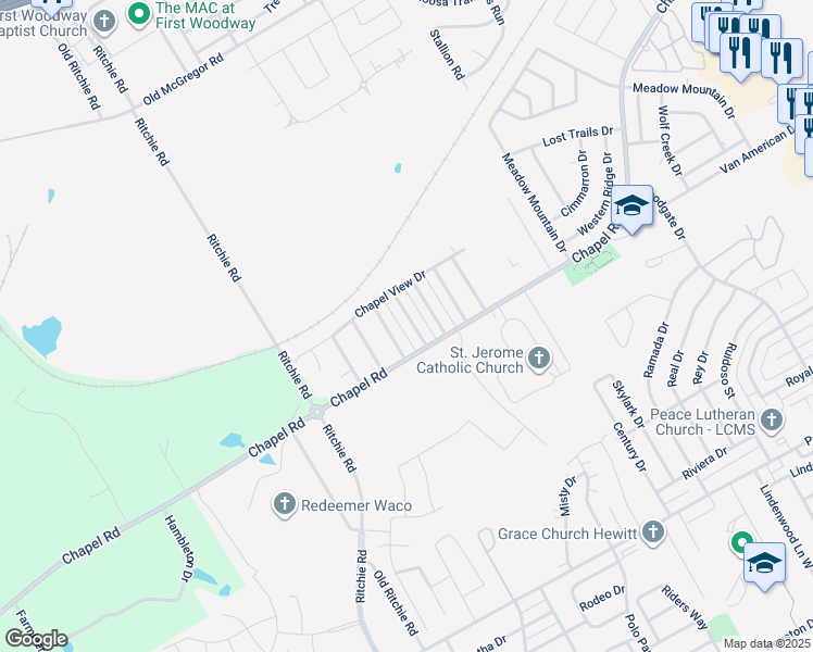 map of restaurants, bars, coffee shops, grocery stores, and more near 1401 Chapel Ridge Road in Waco