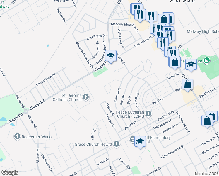 map of restaurants, bars, coffee shops, grocery stores, and more near 1716 Riata Drive in Waco