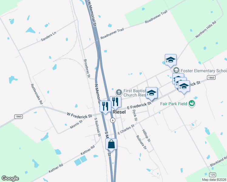 map of restaurants, bars, coffee shops, grocery stores, and more near 201 E Adams St in Riesel