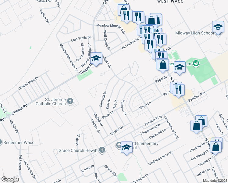 map of restaurants, bars, coffee shops, grocery stores, and more near 1905 Rey Drive in Waco
