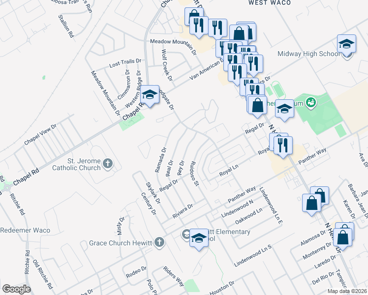 map of restaurants, bars, coffee shops, grocery stores, and more near 1905 Rey Drive in Waco