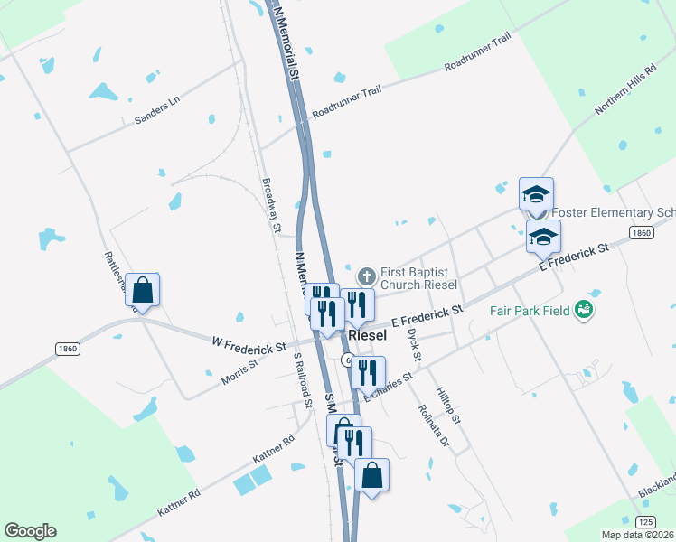 map of restaurants, bars, coffee shops, grocery stores, and more near 201 East Adams Street in Riesel