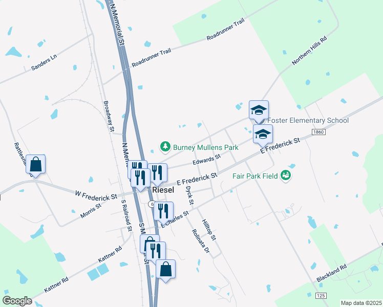 map of restaurants, bars, coffee shops, grocery stores, and more near 237 Church St in Riesel