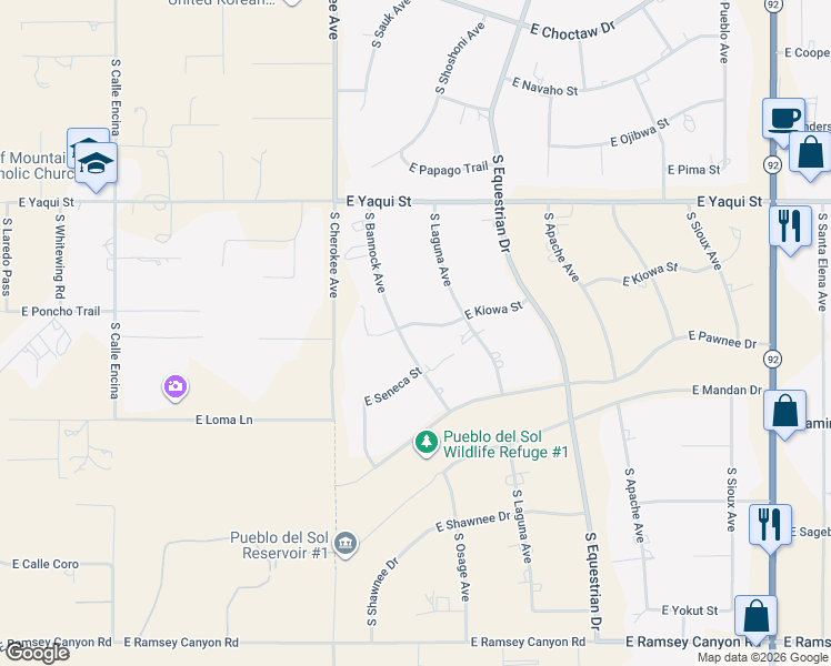 map of restaurants, bars, coffee shops, grocery stores, and more near 5031 South Bannock Avenue in Sierra Vista