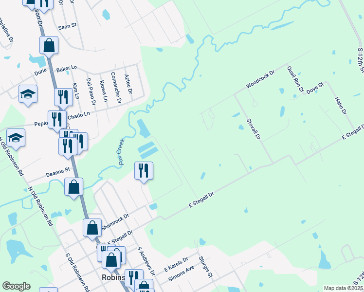 map of restaurants, bars, coffee shops, grocery stores, and more near 710 East Stegall Drive in Robinson