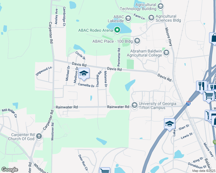 map of restaurants, bars, coffee shops, grocery stores, and more near 2409 Turf Drive in Tifton
