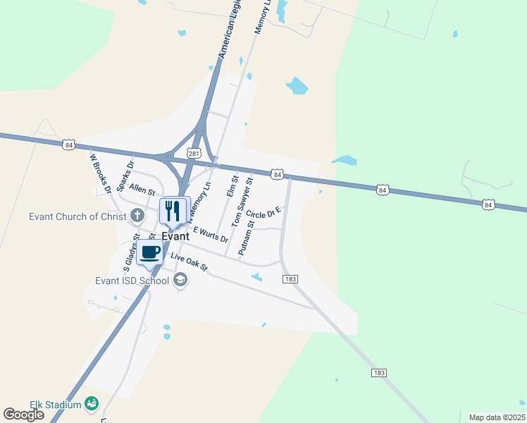 map of restaurants, bars, coffee shops, grocery stores, and more near 509 Circle Drive East in Evant