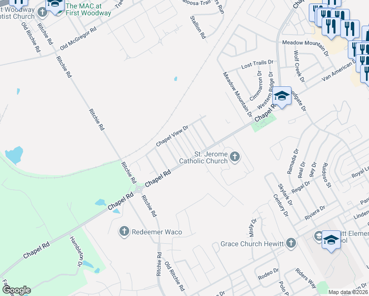 map of restaurants, bars, coffee shops, grocery stores, and more near 1401-1403 Chapel Ridge Road in Waco