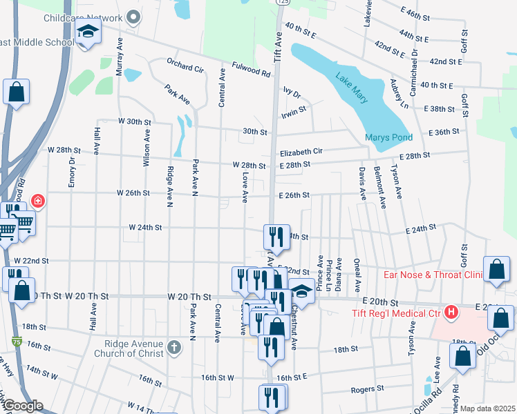 map of restaurants, bars, coffee shops, grocery stores, and more near 2408 Tift Avenue North in Tifton