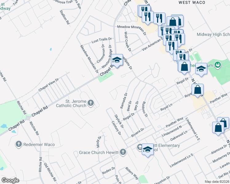 map of restaurants, bars, coffee shops, grocery stores, and more near 1720 Riata Drive in Waco
