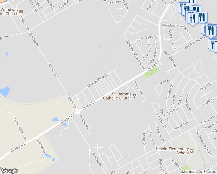 map of restaurants, bars, coffee shops, grocery stores, and more near 1409 Chapel Downs in Waco