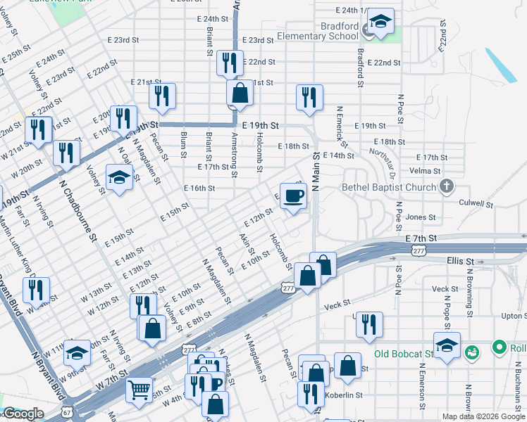 map of restaurants, bars, coffee shops, grocery stores, and more near 1200-1298 Holcomb St in San Angelo