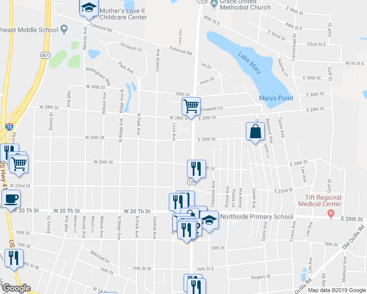 map of restaurants, bars, coffee shops, grocery stores, and more near 2408 Tift Avenue North in Tifton