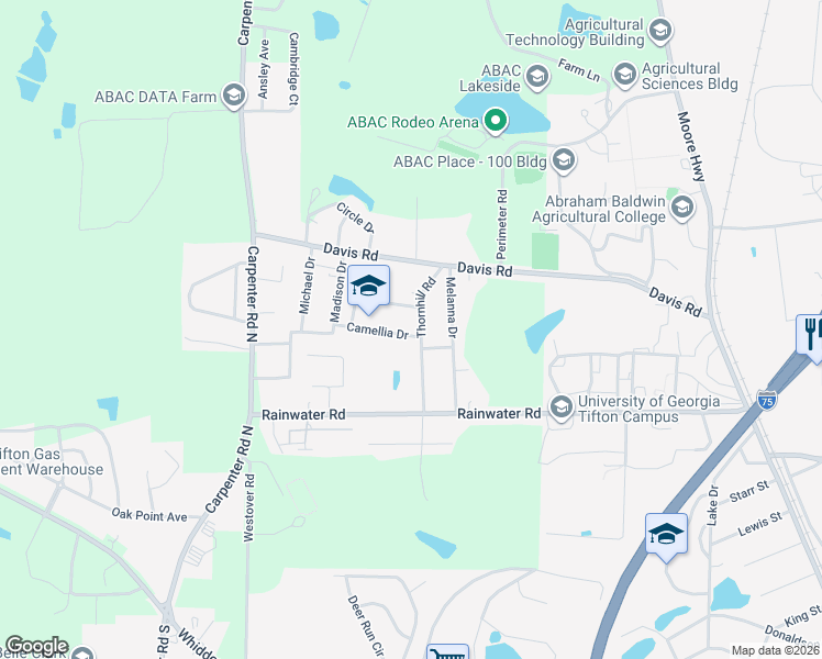 map of restaurants, bars, coffee shops, grocery stores, and more near 2601 Camellia Drive in Tifton