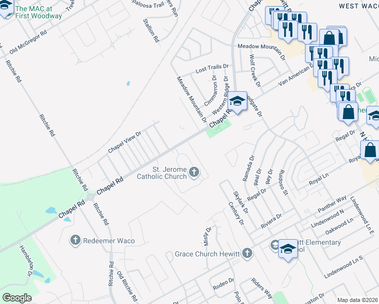 map of restaurants, bars, coffee shops, grocery stores, and more near 1517 Breezy Drive in Waco