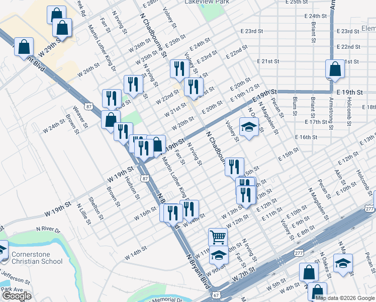 map of restaurants, bars, coffee shops, grocery stores, and more near 105 West 18th Street in San Angelo