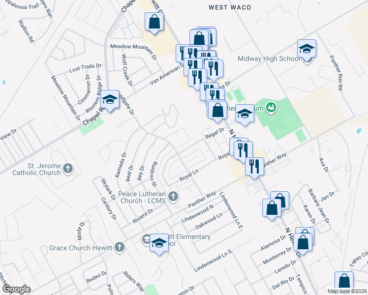 map of restaurants, bars, coffee shops, grocery stores, and more near 9137 Darby Lane in Waco