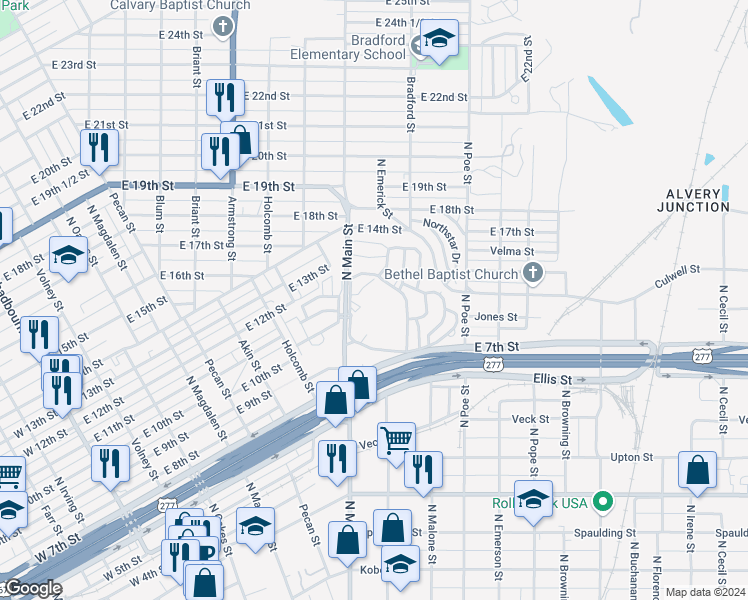 map of restaurants, bars, coffee shops, grocery stores, and more near 902 North Main Street in San Angelo