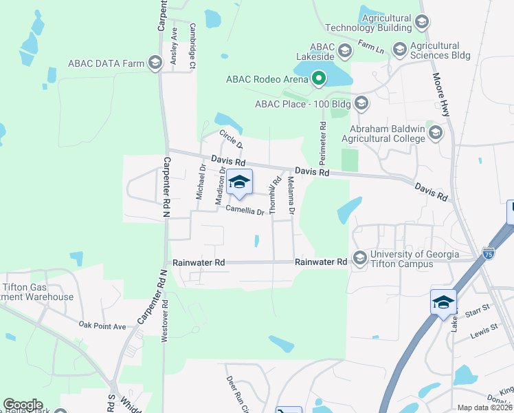 map of restaurants, bars, coffee shops, grocery stores, and more near 2601 Camellia Drive in Tifton