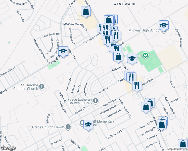 map of restaurants, bars, coffee shops, grocery stores, and more near 9137 Darby Lane in Waco
