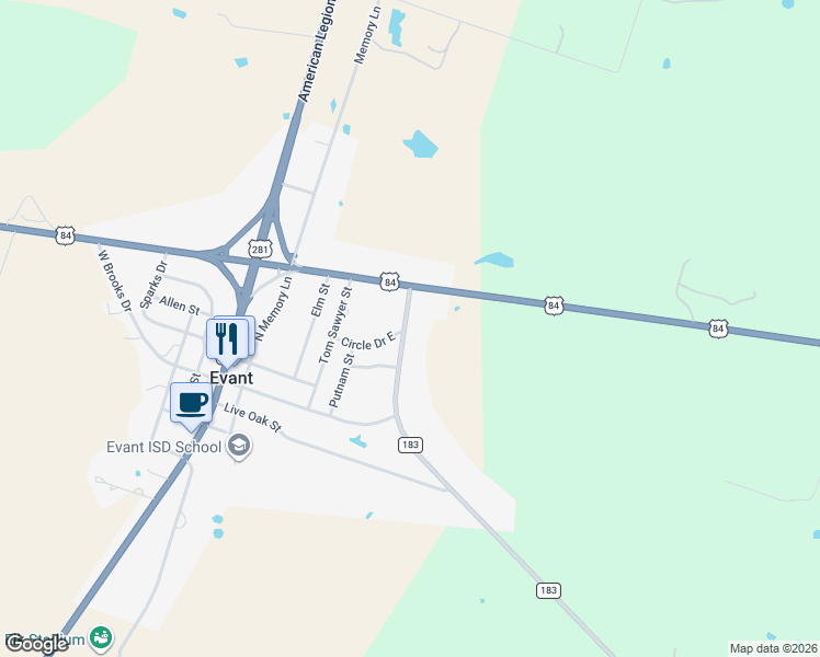 map of restaurants, bars, coffee shops, grocery stores, and more near 344 north farm to market road 183 in Evant