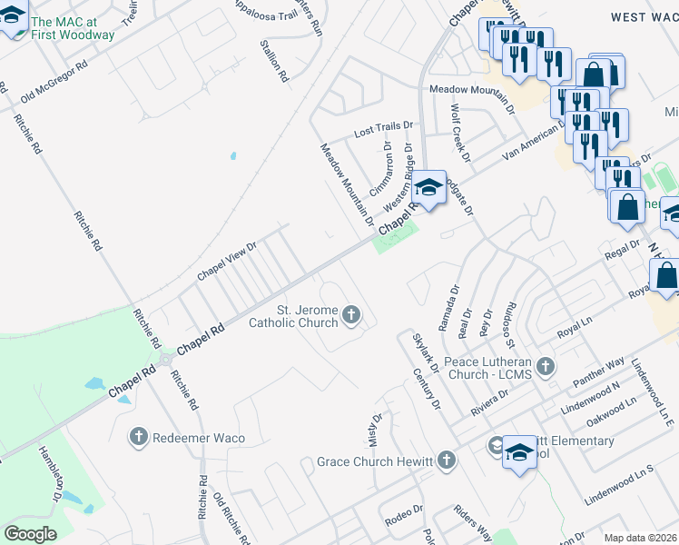 map of restaurants, bars, coffee shops, grocery stores, and more near 1517 Breezy Drive in Waco